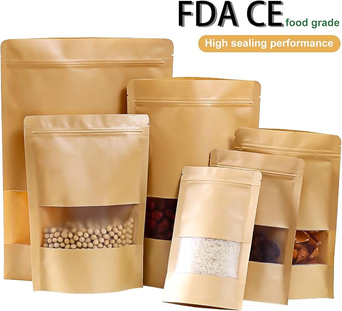 105 Pcs Windowed brown paper Bags，4.7x 7.9 Inch Stand Up Pouches, Zip Lock Food Storage Bags， Reusable Sealing Pouches for Packaging Products(Brown) (4.7 * 7.9in) - Image 2