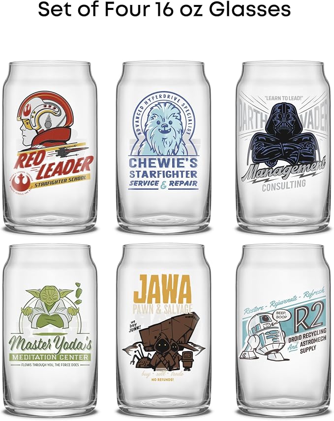 JoyJolt Star Wars Retro Vintage Collection 16.9oz Glass Tumblers - Featuring Darth Vader, R2D2, Yoda, Chewbacca, Red Leader, Jawa - Original Trilogy Drinkware, Set of 6 with Glass Straws - Image 4