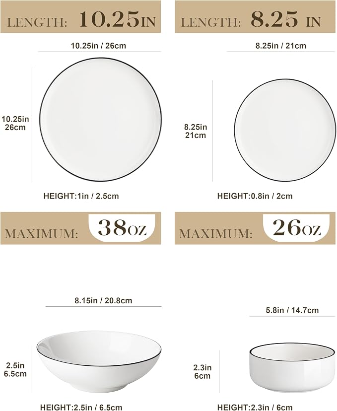 MALACASA 24 Pcs Porcelain Plates and Bowls Sets,Dinnerware Set for 6,White | Modern Ceramic Dishware Set,Kitchen Dining Ware,Microwave and Dishwasher Safe,Simple White with Black Trim Design,Series LUNA - Image 2