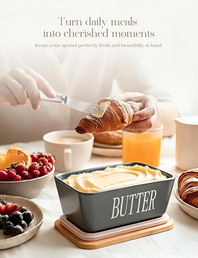 Ceramic Butter Dish with Lid and Knife & Silicone Seal for Countertop Grey | Suitable Capacity, Great Sealing, Home Decor Kitchen Gift Housewarming Gift - Image 5