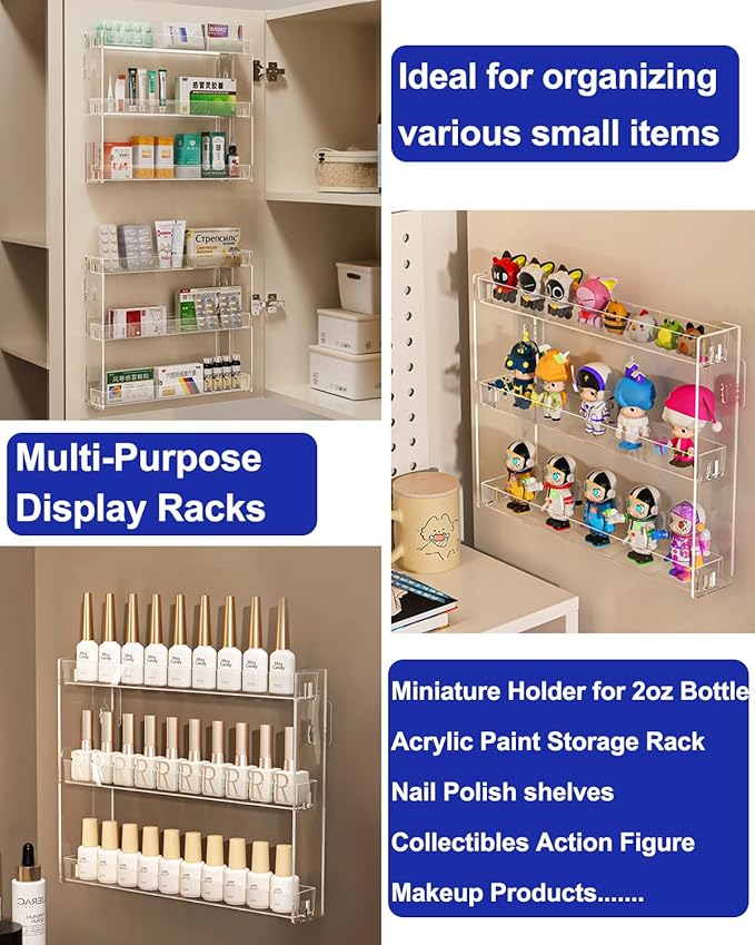 2Pack 3 Tier Display Rack, Clear Paint Rack Wall-Mount (No Drill), Acrylic Craft Paint Storage Organizer, Miniature Holder for 2oz Bottle, Nail Polish Organizer, Badges, Mini Figures (2)