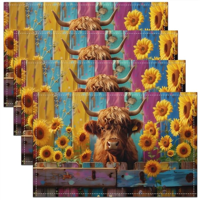 Feelyou Highland Cow Placemats for Dining Table Indoor Outdoor Kitchen 12"x18" Highland Cattle Placemats Set of 4 Sunflower Table Mats Placemat Farmhouse Decor Table Place Mats by Feelyou