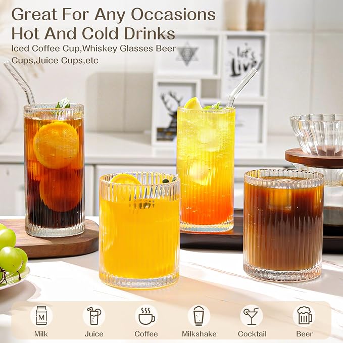 Set of 8 Vintage Ribbed Glassware,4 Highball Glasses 12 oz,4 Rocks Drinking Glasses 14 oz,Ribbed Cocktail Glass Cup,Drinking Glass Set,Used for Whiskey,Juice,Smoothies,Mixed Drinkware - Image 3