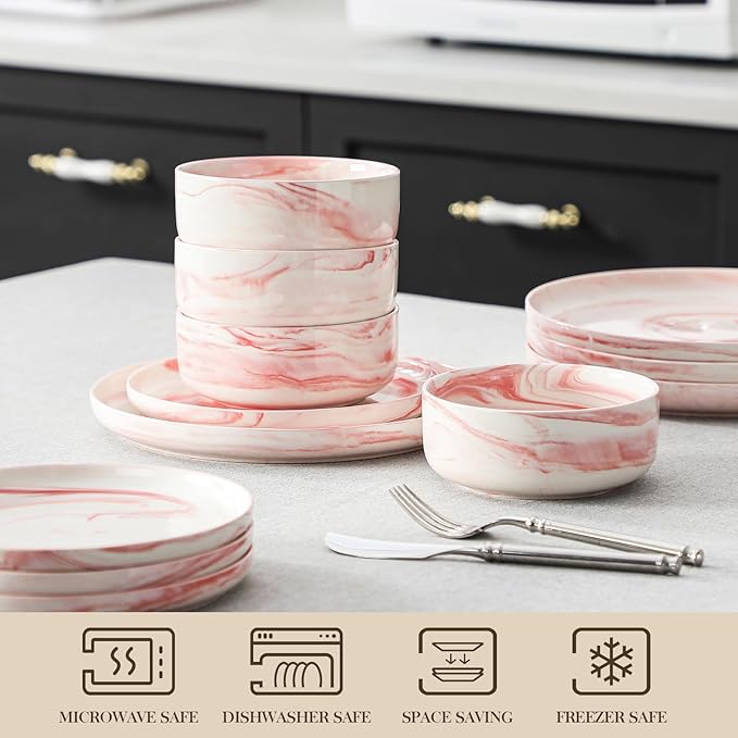 MALACASA 12 Pcs Porcelain Plates and Bowls Sets,Dinnerware Set for 4,Pink | Modern Ceramic Dishware Set,Kitchen Dining Ware,Microwave and Dishwasher Safe,Unique Marble Pink Design,Series LUNA - Image 4