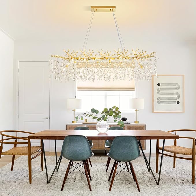 Gold Rectangular Chandelier Modern Crystal Tree Branch Chandelier | 14 Lights Luxury Raindrop Chandeliers 47.3" Hanging Pendant Light Fixtures for Dining Room Kitchen Island Living Room - Image 4