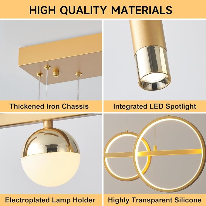 ORANOOR LED Gold Chandelier for Dining Room 39in Dimmable Modern Chandelier | Gold Pendant Lights for Kitchen Island, Linear Ring Globe Pendant Light Fixtures Dining Room Lights Ceiling Hanging - Image 3