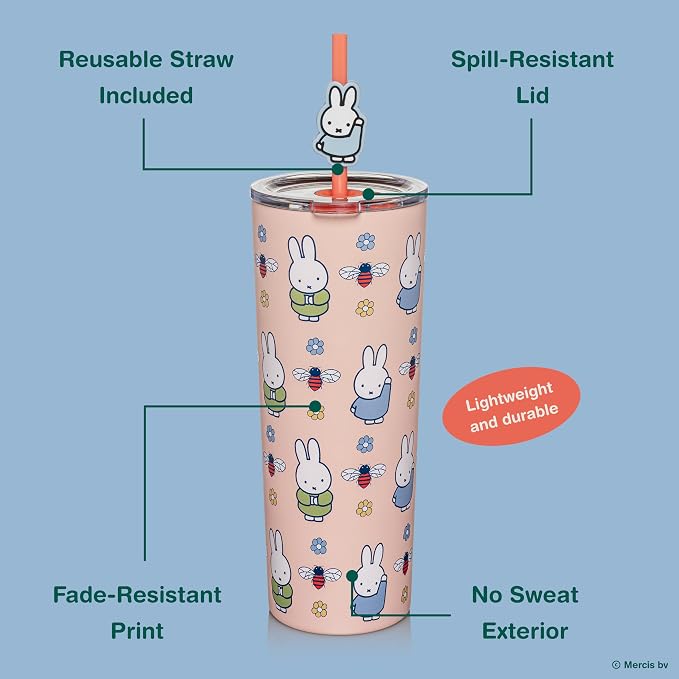 Dragon Glassware | Miffy Stainless Steel Tumbler with Straw, 24 oz - Pink | Vacuum Insulated Stainless Steel Tumbler with Straw & Lid; Double Walled Tumbler with Straw Charm; Miffy Cup with Lid - Image 4