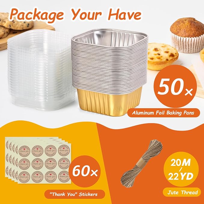 Mini Square Baking Cups with Lids, 50 Pcs 5oz Gold Aluminum Foil Cupcake Tins with Lids, Disposable Ramekins Flan Cake Pans Tins for Souffle, Dessert, Valentine, Wedding, Party Small Cake Containers - Image 6