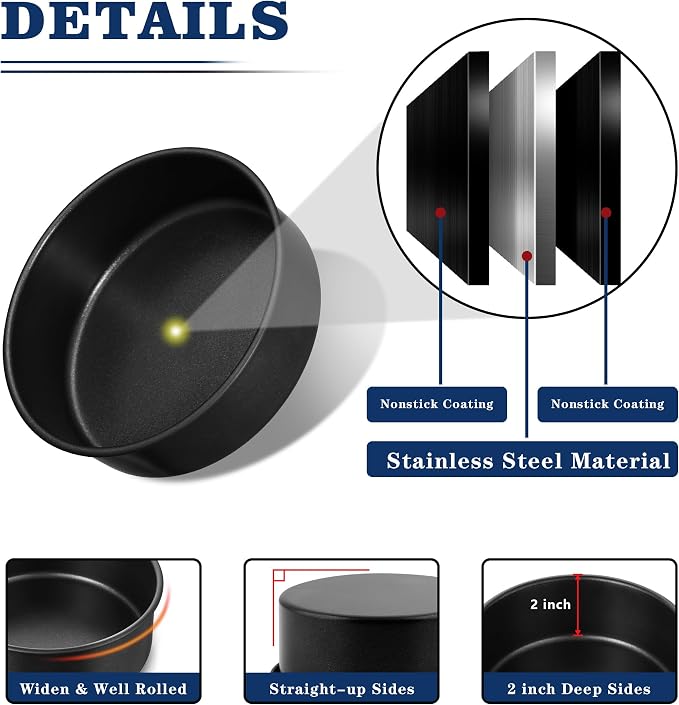 E-far 9 Inch Round Cake Pan Set of 3, Nonstick Stainless Steel Baking Pans Tin, Bakeware for Layer Cakes, Stainless Steel Core & Non-toxic Coating, Straight Side & 2 Inch Deep - Image 3