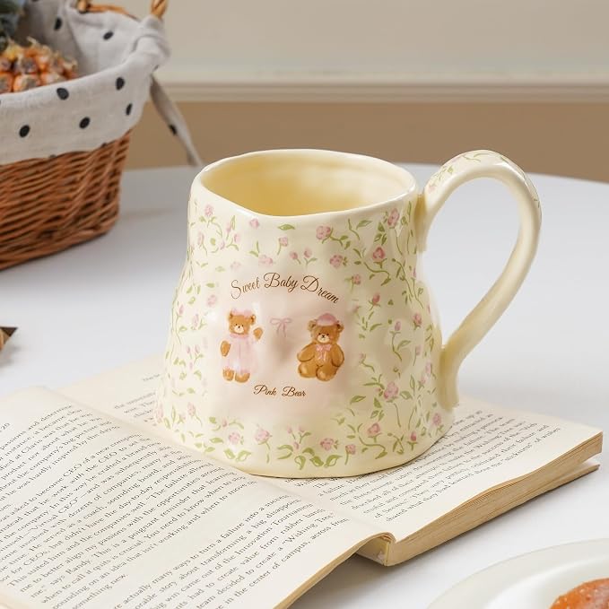 Cute Large Ceramic Coffee Mug Teddy Bear for Women, 20oz Girly Floral Mugs with Big Handle, Oversized Yellow Flower Cups for Birthday - Image 7