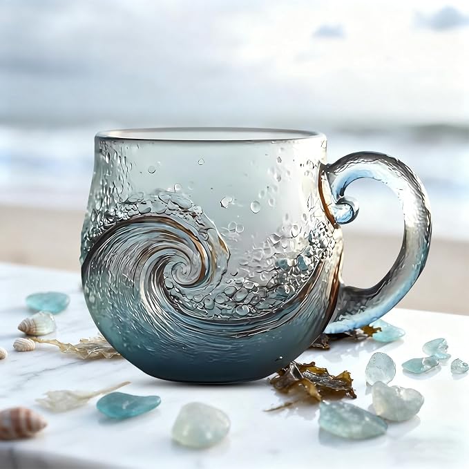 Sea Glass Wave Mug, 12 oz Handblown Ocean Wave Glass Mug Cup | Textured Sea Wave Design Unique Glassware for TeaCoffeeCocktails Beach Lovers Gift Giving 1PCS by PHONORY