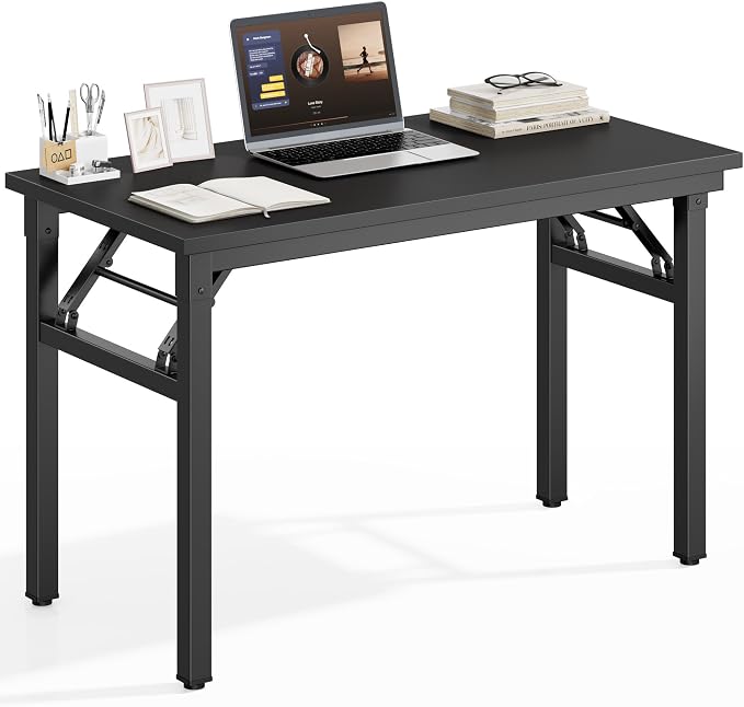 DlandHome 35.8 Inch Small Folding Computer Desk for Home Office, Black | Foldable Writing Table for Small Spaces Bedroom, No Assembly Required, Wood Top Metal Frame, Collapsible Compact Easy Storage by DlandHome