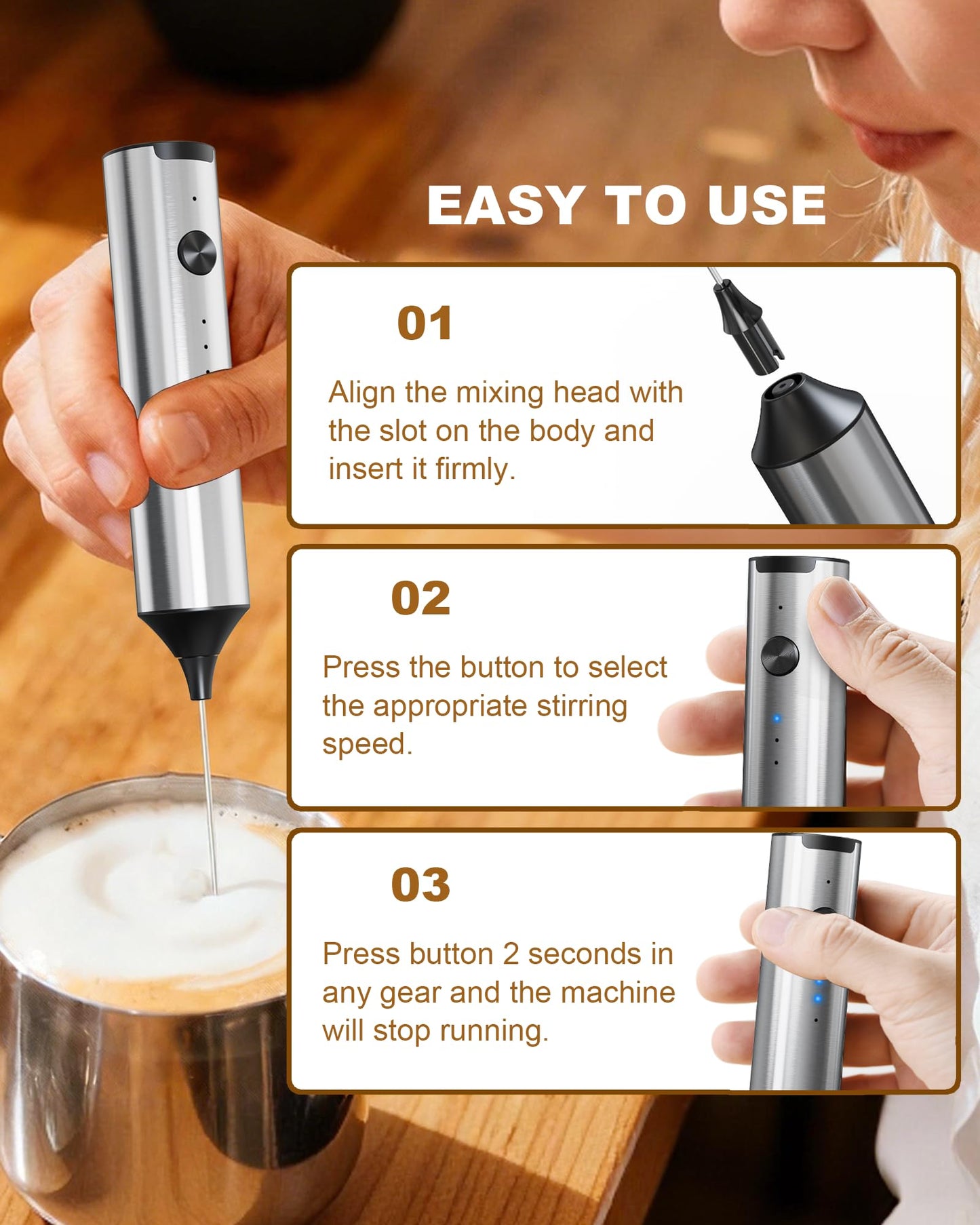 Rechargeable 3-Speed Milk Frother Wand (Black)