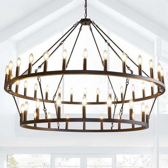 55 Inch Black Wagon Wheel Chandelier, 2 Tier 48-Lights Farmhouse Chandelier for Living Room, Round Rustic Dining Room Light Fixture, Extra Large Foyer Chandeliers for High Ceilings, for Entryway by SofaFurniture