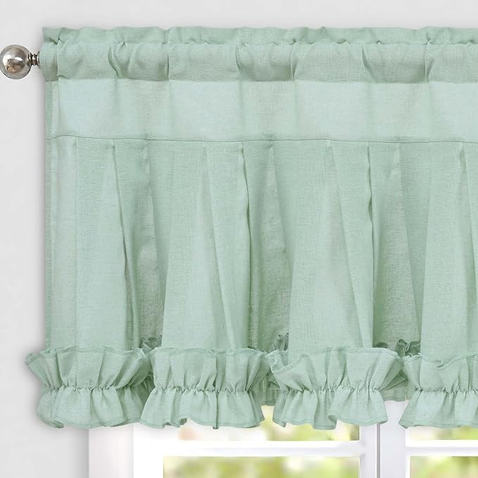 Likiyol Linen Valances for Windows Farmhouse Window Valances with Ruffle Rustic Country Light Filtering Kitchen Valance Curtains Rod Pocket Valance for Bathroom Cafe, Mint Green, 52" W X 18" L - Image 8