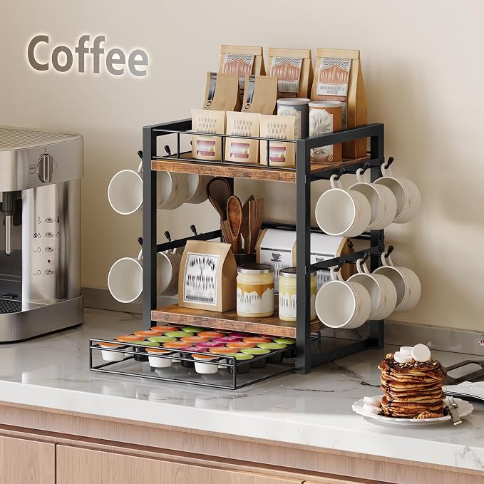 HOOBRO Coffee Mug Cup Holder, Tree Bar Station Organizer for Countertop, 12 Hooks Mug Stand Rack with Sliding Drawer for 30 K-Cup Pods, 2 Tier Mug Display Stand, Rustic Brown and Black BF11TL01 - Image 2