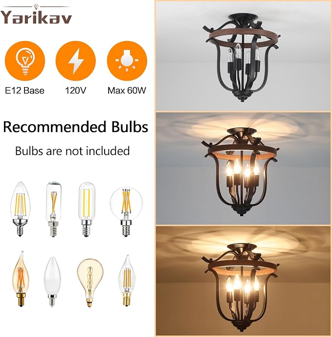 Farmhouse 4 Light Cage Chandelier, Vintage Rustic Mini Flush Mount Ceiling Light Fixture, Black Metal and Faux Wood Rustic Chandelier for Dining Room Kitchen Island Entryway Bedroom Porch Foyer - Image 5
