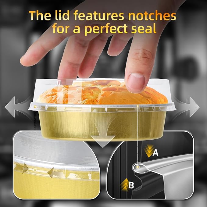 Beasea Mini Pie Tins with Lids, 120 Pack 4 Inch 8oz Disposable Creme Brulee Ramekins Golden Mini Small Aluminum Foil Pie Tart Cake Baking Pans Individual Round Containers Oven Safe for Baking - Image 4