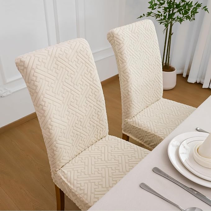 FORCHEER Dining Room Chair Covers Set of 6 Beige Jacquard Stretch Parsons Chair Slip Covers Washable Removable - Image 4