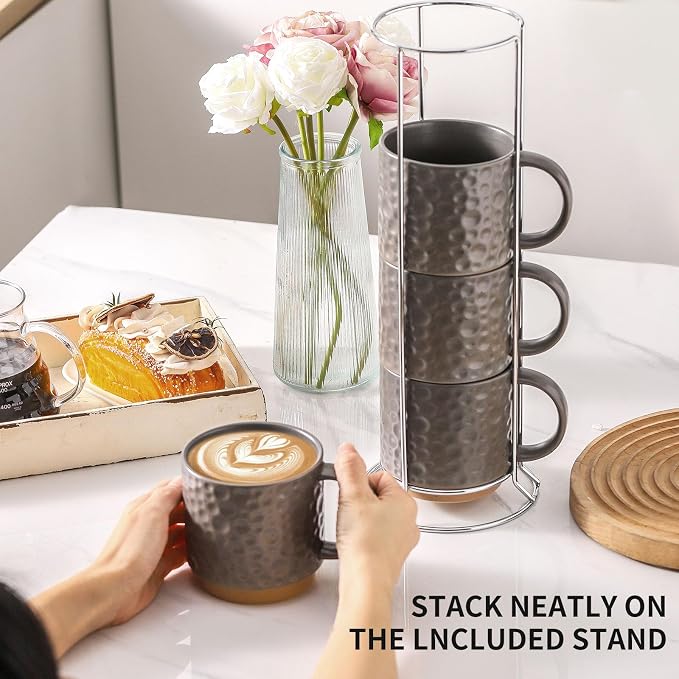 Nihow 16 Oz Ceramic Coffee Mug Set of 4 with Stackable Stand,Matte Gray | Stackable, Stainless Stand Included, Cappuccino & Tea, Hot/Cold Drinks, Dishwasher & Microwave Safe - Image 5