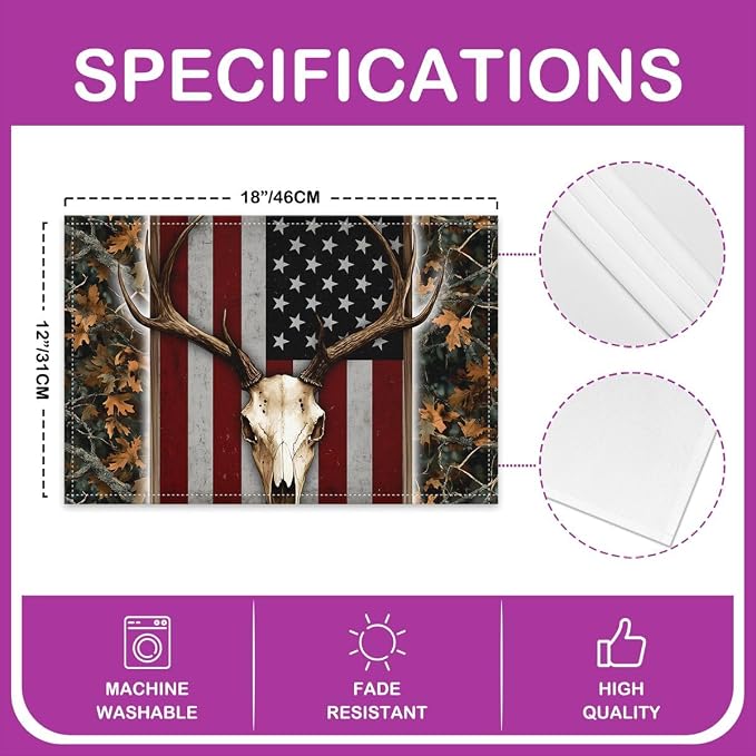 Feelyou Cow Skull Hunting Camo Placemats Set of 4 12x18 Inch Rustic Cabin Table Mats for Party Kitchen Dining Decoration Holiday Seasonal American Flag Place Mat for Dinner Table Indoor Outdoor - Image 4