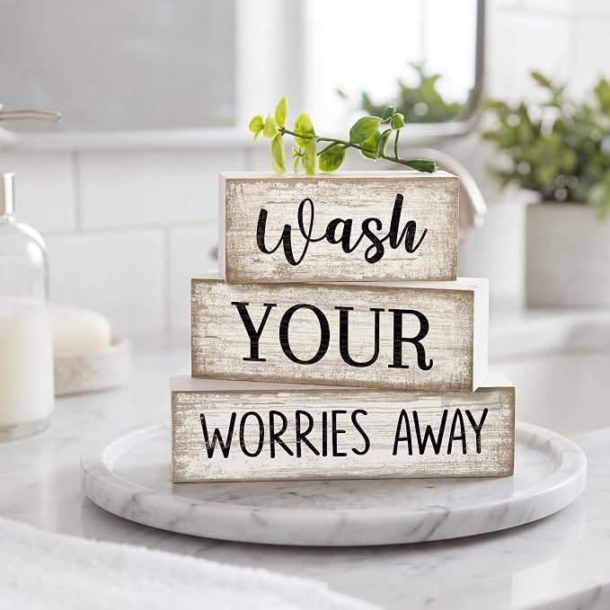 Moucuny 4 Pcs Farmhouse Laundry Room Decor Stacked Blocks Wash Your Worries Away Sign Funny Bathroom Shelf Decor and Accessories Rustic Eucalyptus Leaves Block Signs for Home Bathroom Toilet Washroom - Image 2