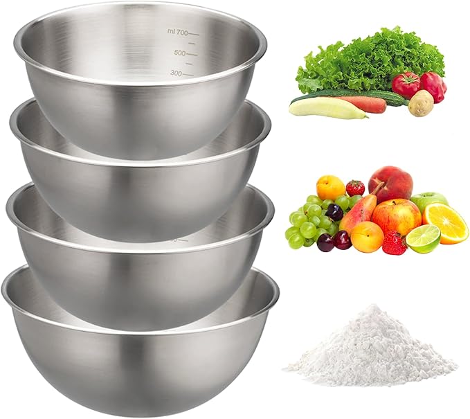 Stainless Steel Mixing Bowl Set, 700/1200/1800/2000ml Large Mixing Bowl with Scale, Stackable Thickened Kitchen Tools for Cooking, Baking, PreppingChristma