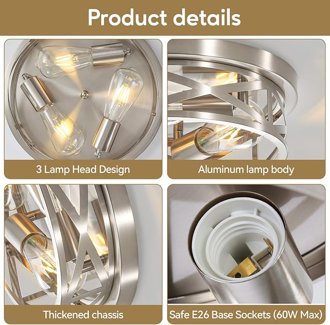 2 Pack Close to Ceiling Light Fixtures, 3-Lights Brushed Nickel Flush Mount Ceiling Light, 13 Inch Indoor Metal Cage Semi Flush Mount Ceiling Light for House Bedroom Laundry Hallway Kitchen - Image 3