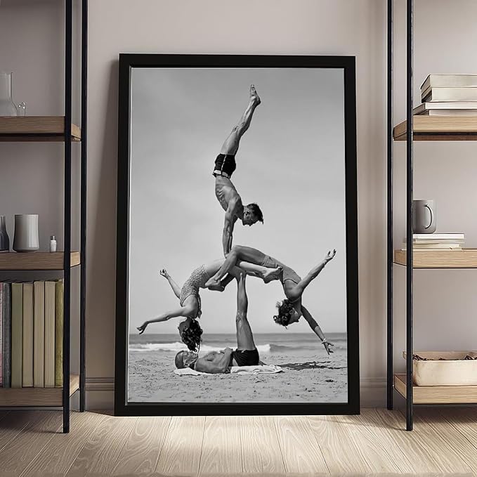 Gymnast Pose, 1930s Beach Fitness Acrobatics Vintage Black And White Photo Poster Canvas Poster Wall Art Decor Print Picture Paintings for Living Room Bedroom Decoration Black Frame 20x30in(50x75cm) - Image 4