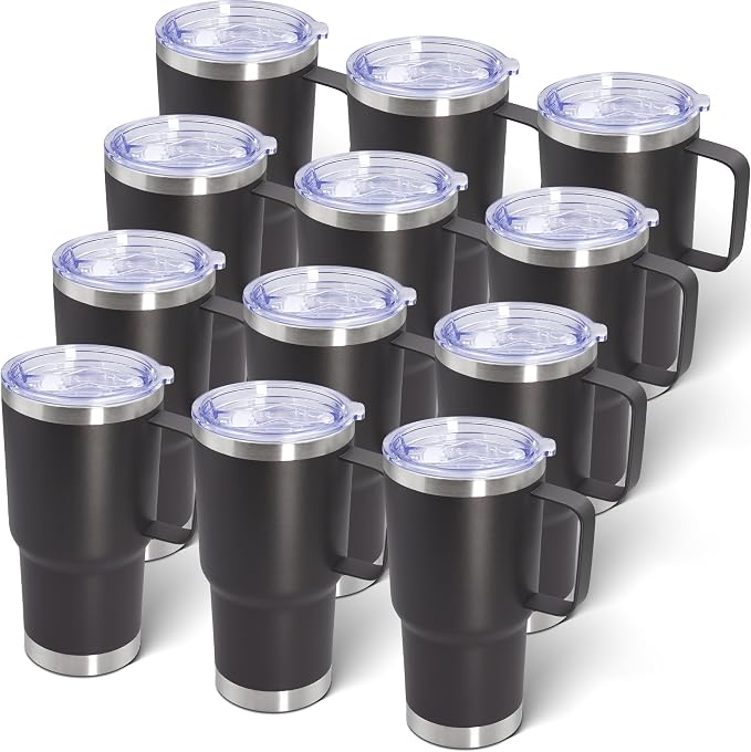 20 oz Tumbler with Handle and Lid Insulated Travel Coffee Mug Grey 12P | Stainless Steel Tumbler, coffee tumbler with handle,Spill Proof Double Wall Vacuum Tumbler Cup Keep Drink Hot & Cold by ATQTQ