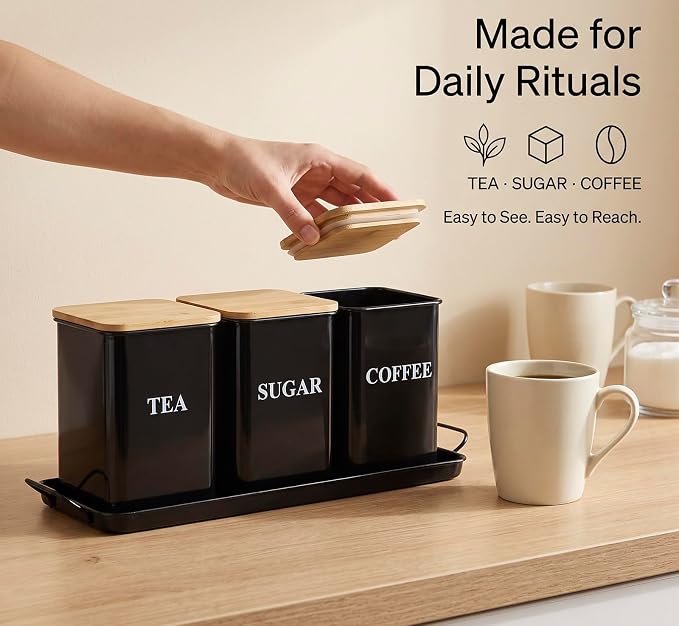 Coffee Tea Sugar Container Set , 50 oz Metal Kitchen Canisters-Black | Countertop Storage Containers with Wood Lids and Tray, Storage Canister for Coffee Bar, Pantry and Farmhouse Kitchen Decor - Image 5