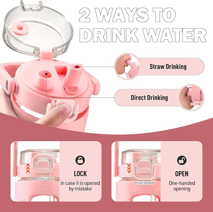 BLUEGO 40oz Glass Tumbler with Lid and Straw, Glass Water Bottles with Handle, Glass Cup with Time Marker and Silicone Sleeve, Fits Most Cup Holder, Leak-proof, Pink