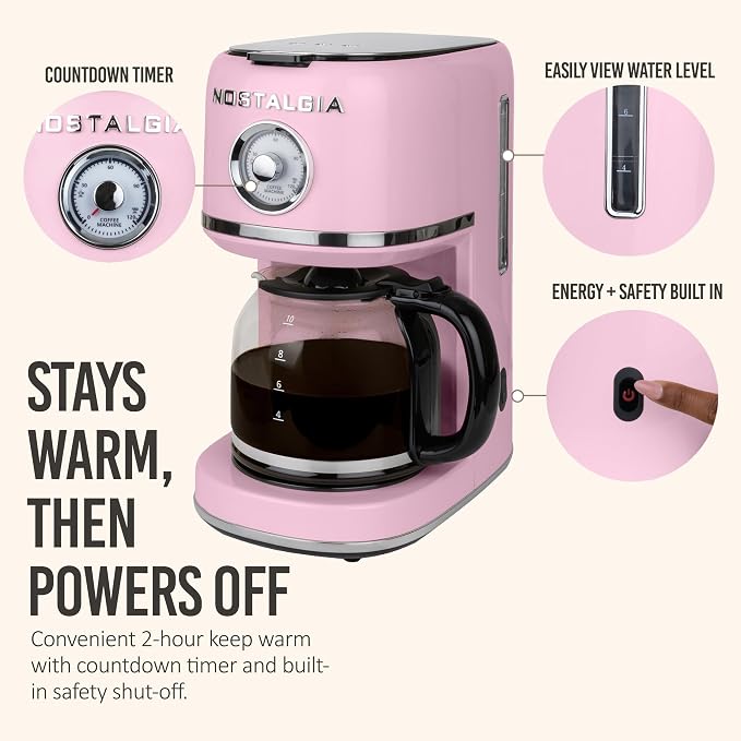 Nostalgia Classic Retro 10 Cup Coffee Maker - One-Touch Drip Brew, Reusable Filter - Anti-Drip, Auto Shutoff, & Time Display - Dishwasher Safe 50 oz Carafe - Pink - Image 5