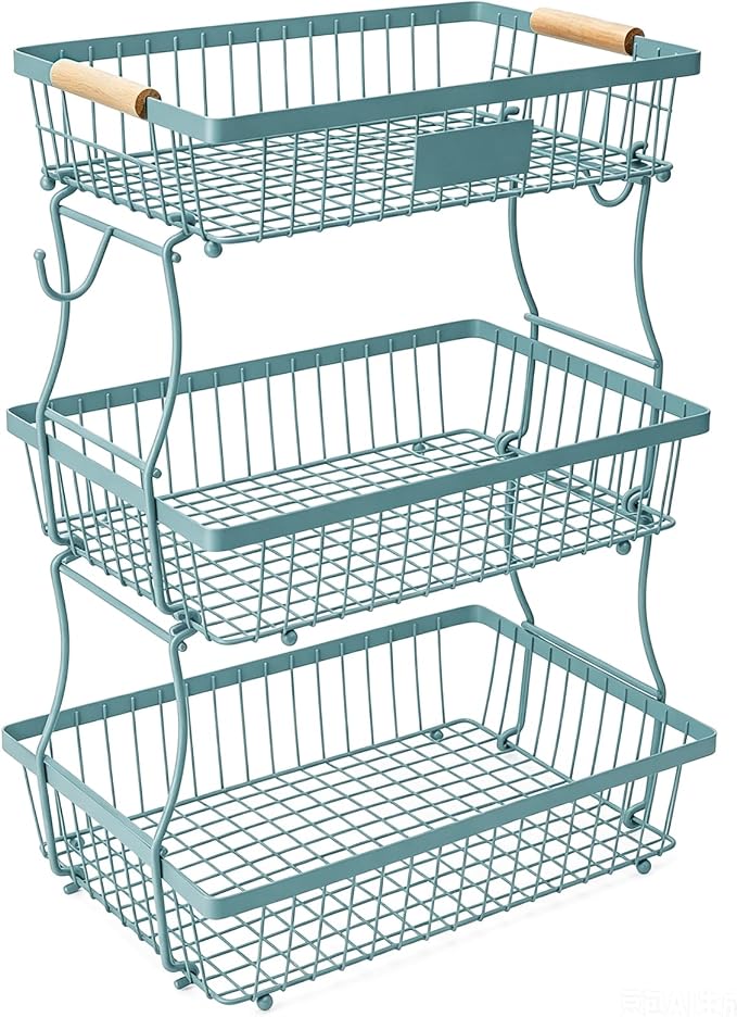 3 Tier Fruit Basket with 2 Banana Hangers, Mesh Basket Fruits Stand Produce Holder Organizer for Onion Potato Bread Snack Veggie Blue by Lawhood-Mijin