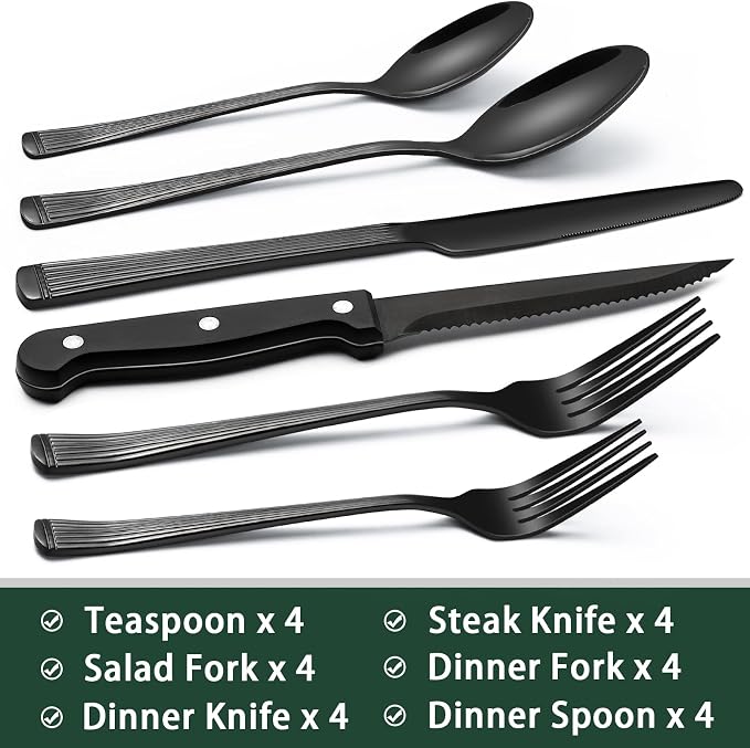 EWFEN 24-Piece Black Silverware Set with Steak Knives, Black Flatware Set for 4, Food-Grade Stainless Steel Tableware Cutlery Set, Mirror Finished Utensil Sets for Home Restaurant, Roman Column - Image 2