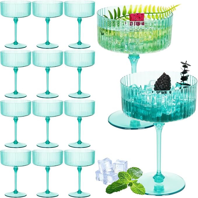 Jingmore 12 Pcs Ribbed Martini Glasses 10 oz Disposable Plastic Vintage Ribbed Coupe Glasses Unbreakable Dessert Parfait Glassware for Wedding Birthday Party Supplies (Light Green) by Jingmore