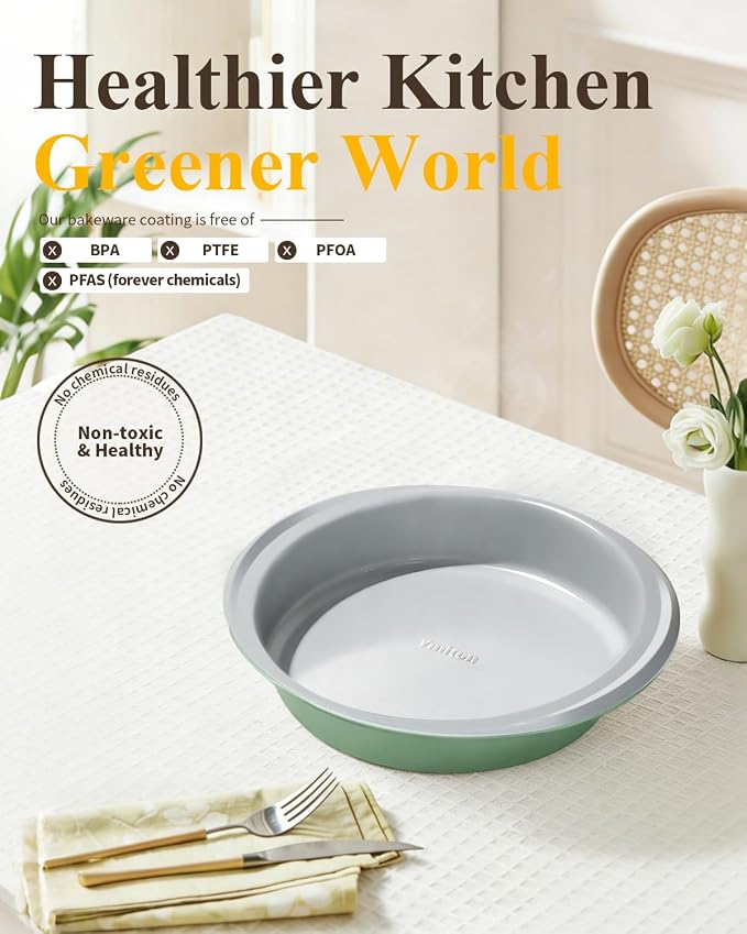 9 Inch Nonstick Ceramic Round Cake Pan with Handle, Pistachio Green | PFOA/PFAS/PTFE-free aluminized steel, ceramic coated. Oven safe 550°F, dishwasher safe. For cakes, cheesecakes & brownies - Image 5