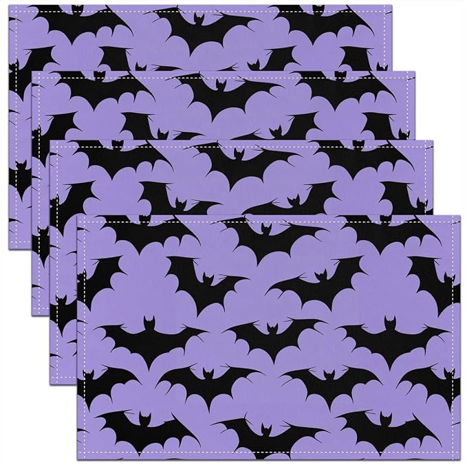 Feelyou Happy Halloween Placemats Set of 4 Bats Pattern Table Mats for Party Kitchen Dining Decoration Holiday Seasonal Light Purple Black Place Mat for Dinner Table Indoor Outdoor 18"x12" Non-Slip by Feelyou