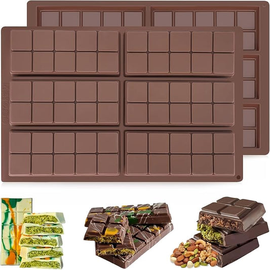 Chocolate Bar Mold, Set of 2 Non-Stick Silicone Chocolate Molds for Stuffed Bar, Food Grade Square Candy Bar Molds for Dubai Pistachio Rod, Snacks, Candies, Desserts (10 Snap)