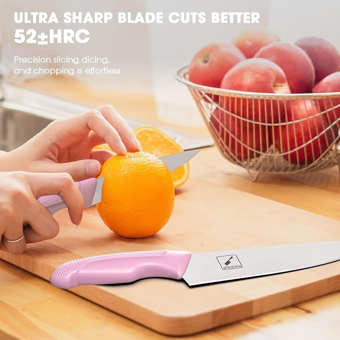 imarku 14-Piece Japanese High-Carbon Stainless Steel Kitchen Knife Set，Pink | Knife Set with Block|15°Precision Edge | 56±2 HRC Hardness | Built-in Sharpener|Ergonomic Handles|Gifts Mom & Dad - Image 4
