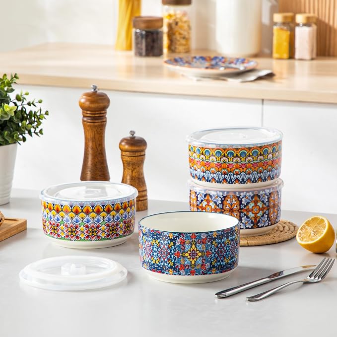 vancasso SIMI 36 oz Ceramic Bowls with Lids Set of 4,Bohemian Serving Bowl | 6 Inch Food Storage Containers Prep Bowls for Leftovers, Soup, Cereal, Meal Prep, Office Lunch, Microwave & Dishwasher Safe - Image 6
