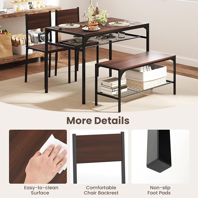 Giantex Dining Table Set for 4, Kitchen Table with Chairs & Bench, Storage Racks, Metal Frame, 4-Piece Space-Saving Dinette Set for Dining Room, Breakfast Nook, Small Space, Apartment, Walnut - Image 2