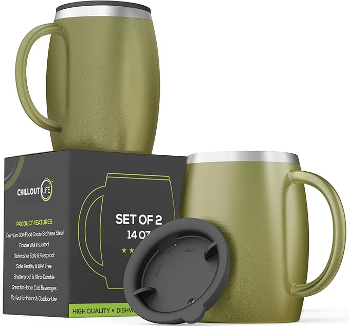 Stainless Steel Insulated Coffee Mugs Set of 2 (14oz) – Double Wall Coffee Cups With Spill Resistant Lid & Strong Handle, Shatterproof Cups for Cold Drinks, Hot Beverages, Indoor & Outdoor Use by CHILLOUTLIFE