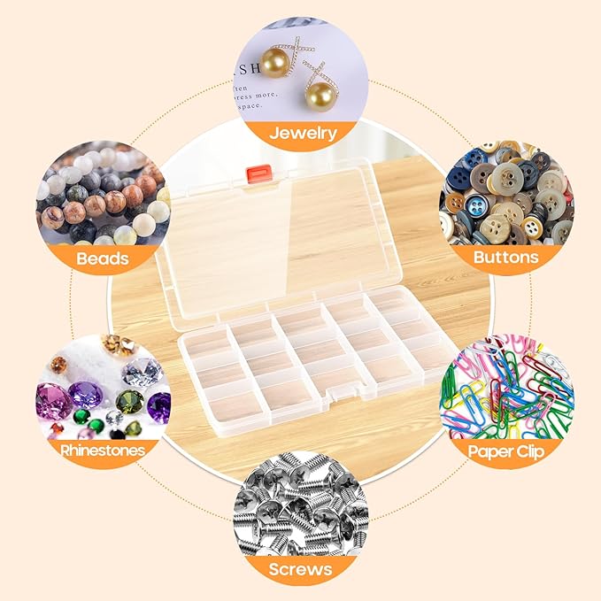 4PACK Extra Thick Bead Organizers and Storage Box, 15 Grid Mini Clear Jewelry Making Storage Solutions Plastic Organizer Case Craft Containers for Nail Rhinestones DIY Diamond Accessories