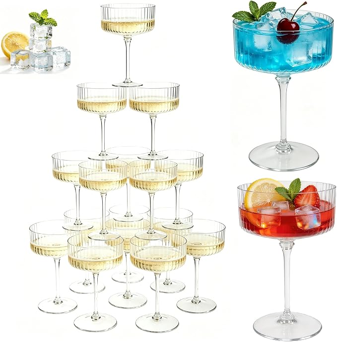 PLULON 12 Pcs Clear Martini Glasses Set 10 Oz Plastic Ribbed Coupe Glass, Cocktail Glasses Champagne Cup Tower Vintage Margarita Glassware for Cocktail Wine Bar Drinking Wedding Party Outdoor Events by PLULON