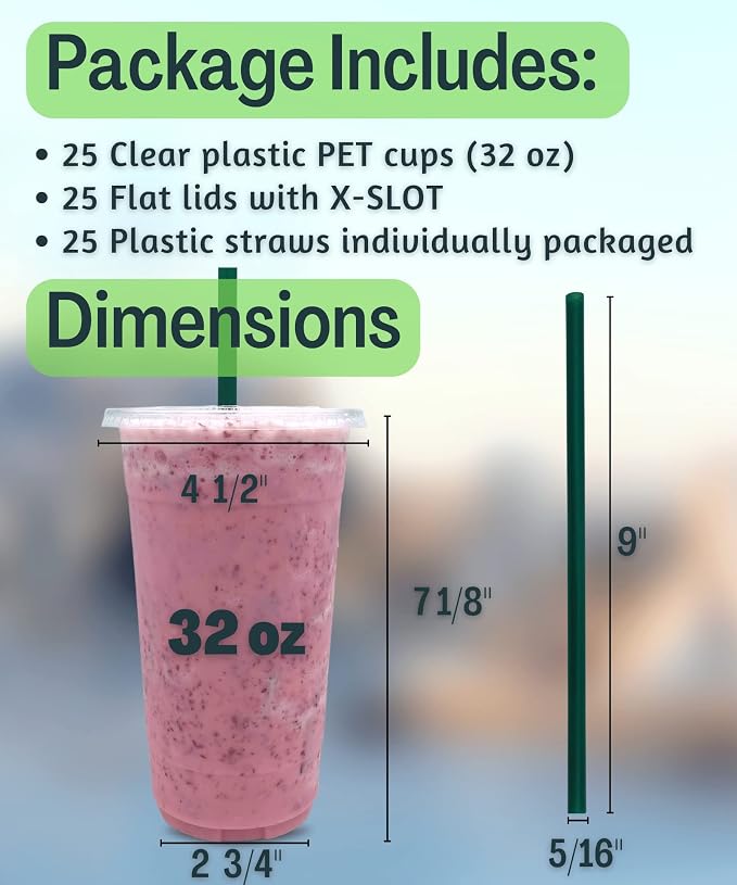 32 oz Clear Plastic Cups with Lids and STRAWS, Disposable Drinking Cups for Cold Drinks, Iced Coffee, Milkshakes, Smoothies, 25 Sets - Image 3