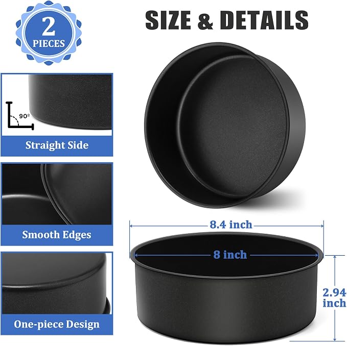 P&P CHEF 8 Inch Cake Pan Set, 2Pcs Non-stick Round Baking Cake Pans Tins | Stainless Steel Core & Nonstick Coating, Good for Baking Layer Tier Cakes for Birthday Wedding, Deep Side & One-piece Design - Image 2