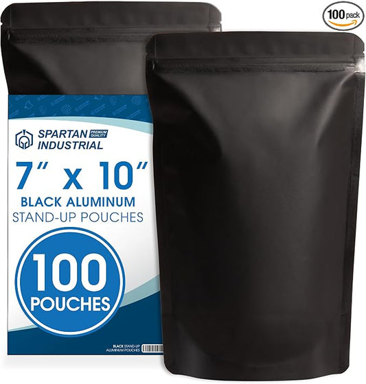 7" X 10" Matte Black Stand-Up Pouches - 100 Count Smell-Proof Mylar Bags | for Food Storage With Heat Sealable Opening and Resealable Zipper - Spartan Industrial by SpartanIndustrial