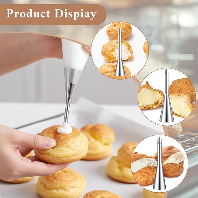 3Pcs Puff Cream Filling Piping Tips with 50 Pcs Disposable Piping Bags Stainless Steel Piping Nozzle Tips with 1 Tip Cleaning Brush Puff Pastry Filling Cake Decorating Tools for Filling Donuts Cream