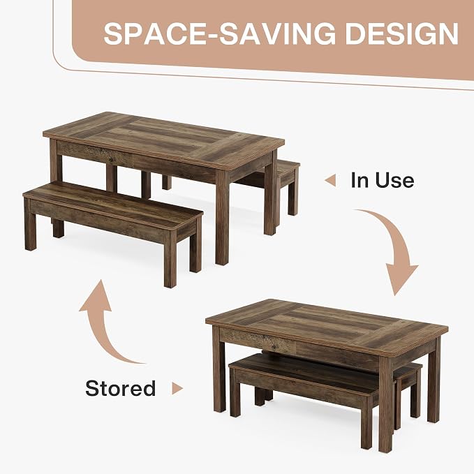 Tribesigns Farmhouse Kitchen Table Set for 4-6, 55-Inch Wooden Dining Table with 2 Benches, Space Saving 3 Pieces Heavy Duty Dinette for Dining Room, Kitchen, Small Space (Wood Hemp) - Image 3